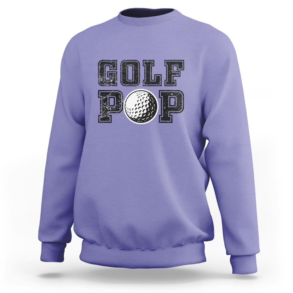 Crewneck sweatshirt, lavender, “GOLF POP” golf ball graphic on chest