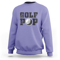 Crewneck sweatshirt, lavender, “GOLF POP” golf ball graphic on chest