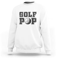 Crewneck sweatshirt, white, “GOLF POP” golf ball graphic on chest