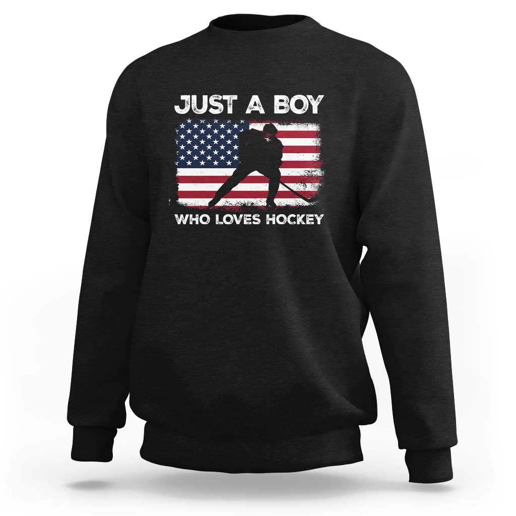 Black ice hockey sweatshirt with front graphic of a player, USA flag, and text