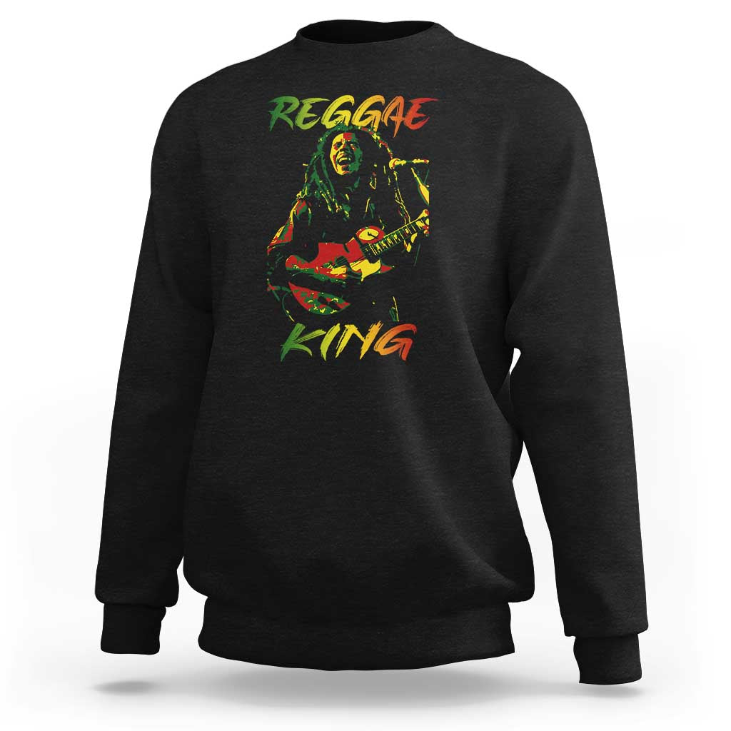 Black crewneck sweatshirt with Reggae King graphic on chest