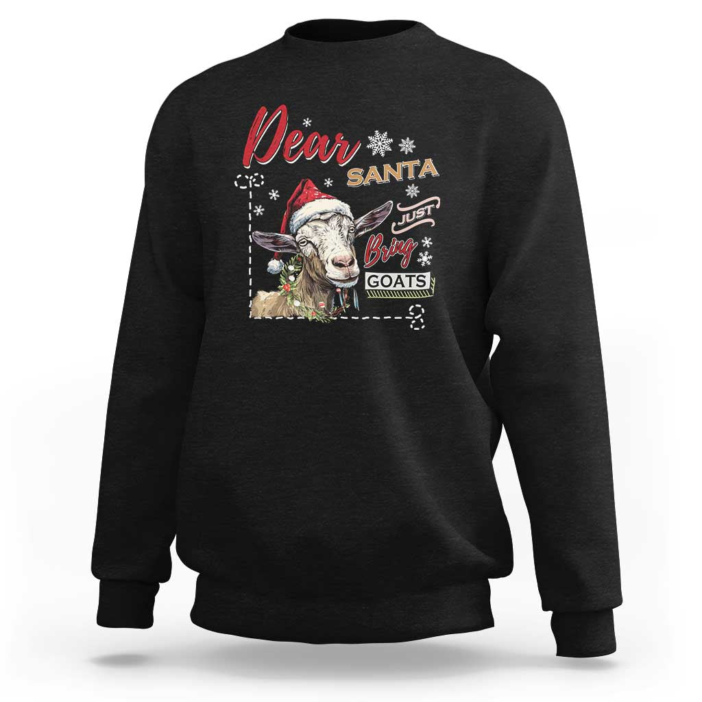 Black crewneck sweatshirt with “Dear Santa” graphic and goat illustration