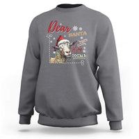 Dark heather crewneck sweatshirt with “Dear Santa” graphic and goat illustration