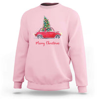 Light pink sweatshirt with vintage red car and Christmas tree graphic, 'Merry Christmas' text