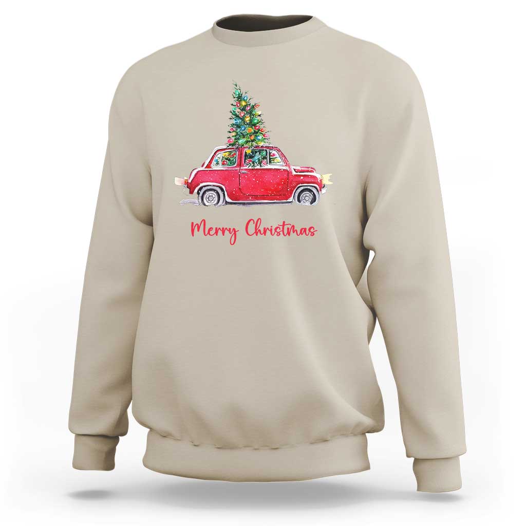 Sand sweatshirt with vintage red car and Christmas tree graphic, 'Merry Christmas' text