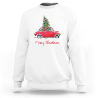 White sweatshirt with vintage red car and Christmas tree graphic, 'Merry Christmas' text