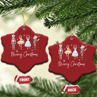Two red pine leaf Christmas ornaments with nutcracker figures and “Merry Christmas”
