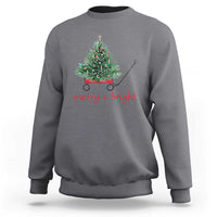 Charcoal Christmas sweatshirt with wagoned Christmas tree graphic and “merry + bright” text