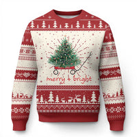 Red and white Christmas sweater with tree wagon graphic and 'merry & bright' text