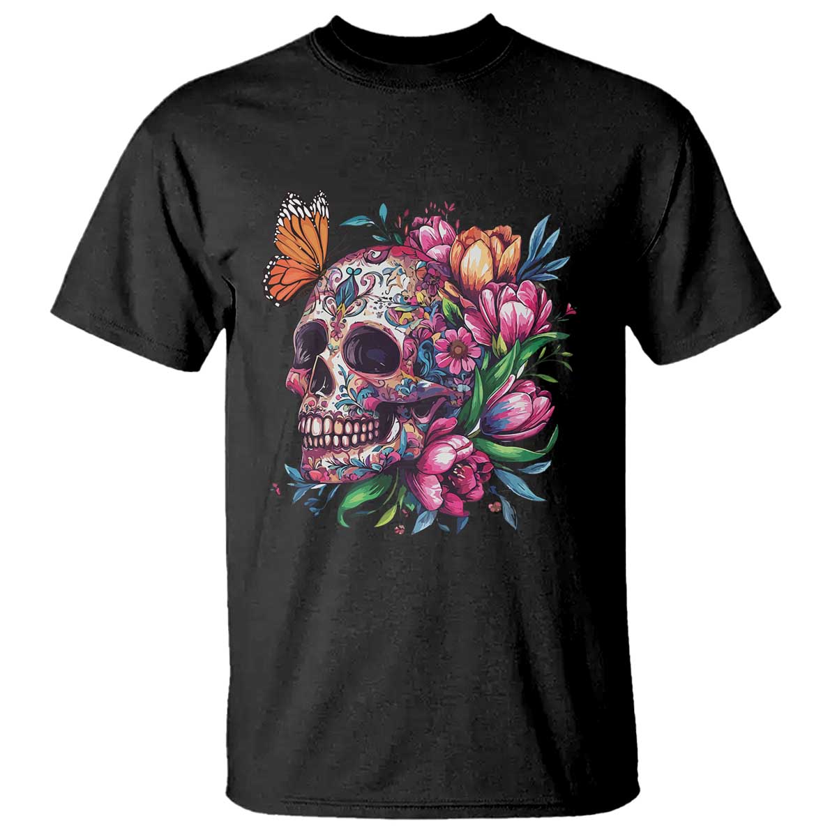 Day Of The Dead T Shirt Vintage Sugar Skull Flower Butterfly