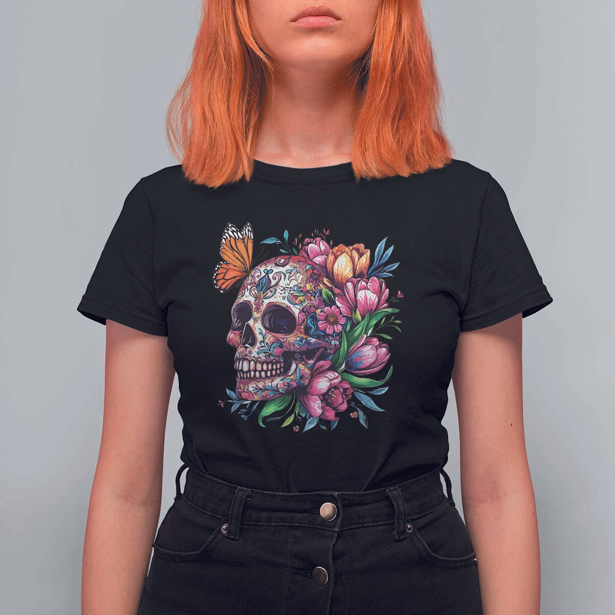 Day Of The Dead T Shirt For Women Vintage Sugar Skull Flower Butterfly