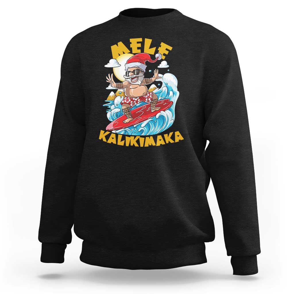 Black crewneck sweatshirt with colorful surfing Santa graphic on chest