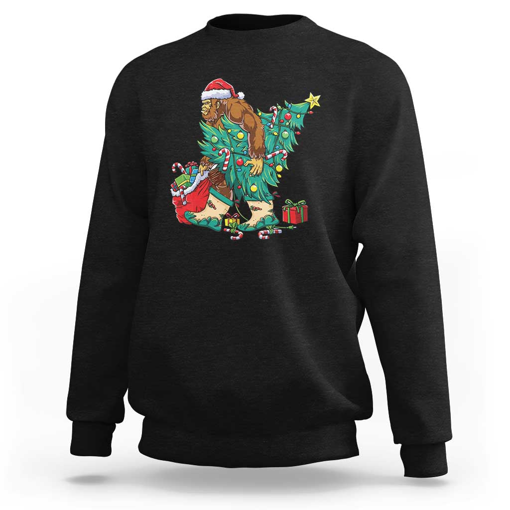 Black crewneck sweatshirt with colorful Bigfoot and Santa Christmas graphic on chest