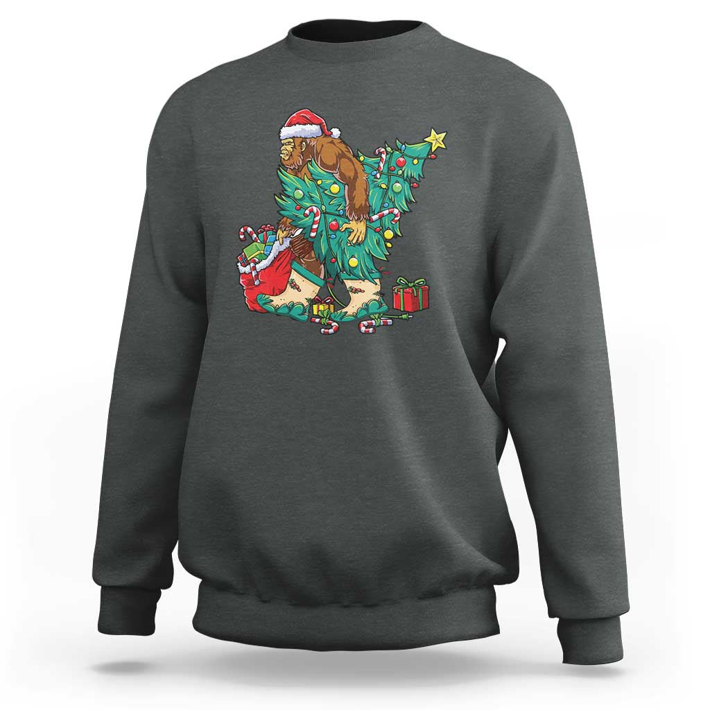 Dark heather crewneck sweatshirt with colorful Bigfoot and Santa Christmas graphic