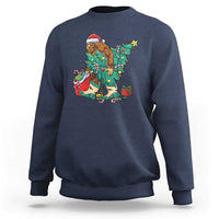 Navy crewneck sweatshirt with colorful Bigfoot and Santa Christmas graphic on front