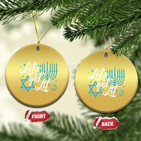 Gold round ornaments with blue menorah and Star of David; 'FRONT' and 'BACK' tags shown