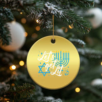 Gold round ornament with blue menorah and Star of David graphic and 'Let it get lit' text