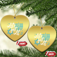 Gold heart-shaped ornaments with blue menorah and Star of David; 'FRONT' and 'BACK' tags shown