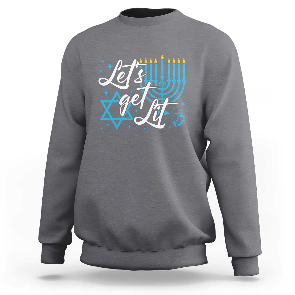 Men's dark heather gray Hanukkah sweatshirt with “Let’s get lit” menorah and Star of David