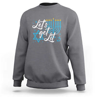 Men's dark heather gray Hanukkah sweatshirt with “Let’s get lit” menorah and Star of David