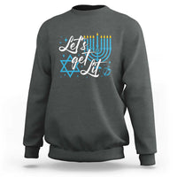 Men's charcoal heather Hanukkah sweatshirt with “Let’s get lit” menorah and Star of David