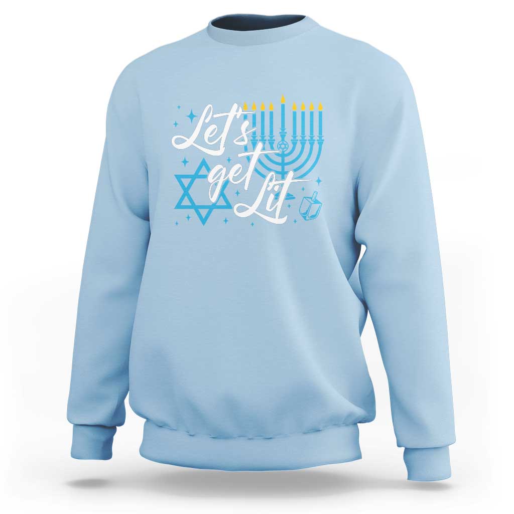 Men's light blue Hanukkah sweatshirt with “Let’s get lit” menorah and Star of David graphic