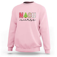 Light pink crewneck sweatshirt with “NICU nurse” Christmas tree graphic