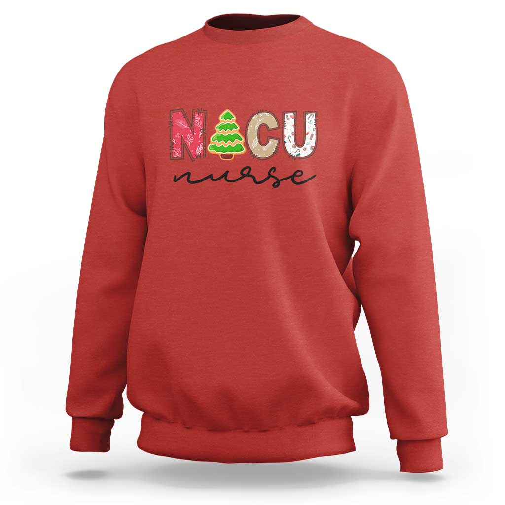 Red crewneck sweatshirt with “NICU nurse” Christmas tree graphic