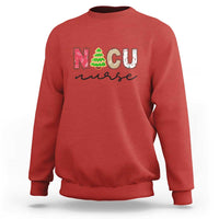 Red crewneck sweatshirt with “NICU nurse” Christmas tree graphic