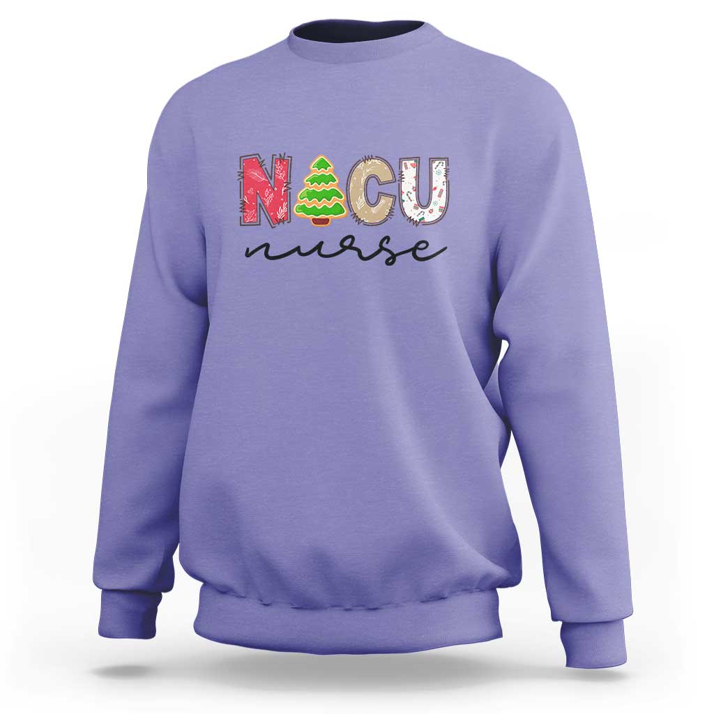 Purple crewneck sweatshirt with “NICU nurse” Christmas tree graphic