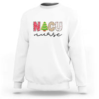 White crewneck sweatshirt with “NICU nurse” Christmas tree graphic