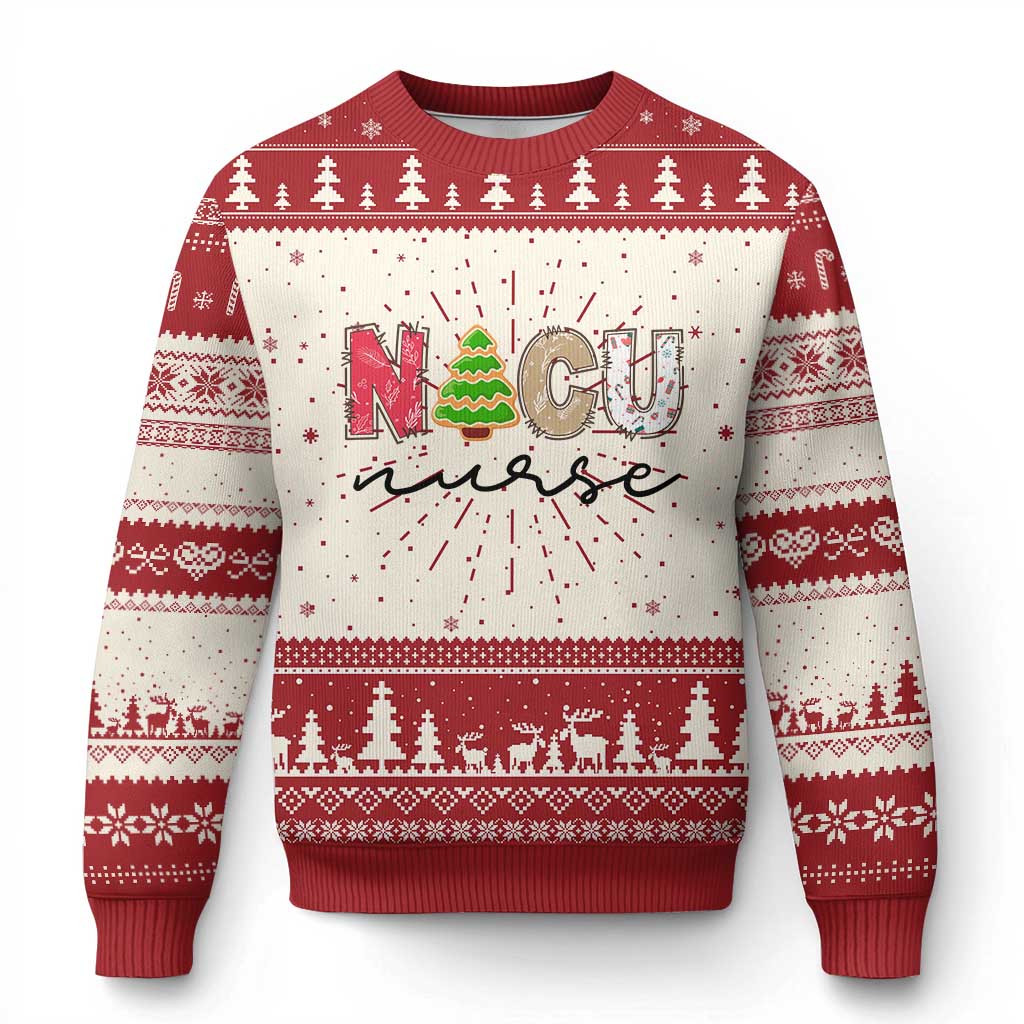 Red and cream Christmas sweater with cartoon NICU nurse graphic and tree pattern