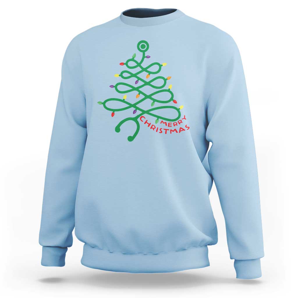 Light blue sweatshirt with colorful Christmas tree nurse stethoscope graphic