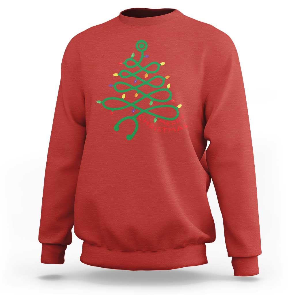 Red sweatshirt with colorful Christmas tree nurse stethoscope graphic