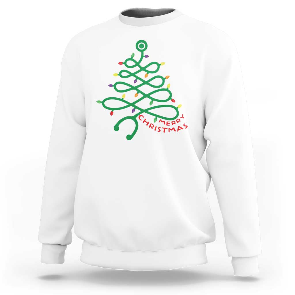 White sweatshirt with colorful Christmas tree nurse stethoscope graphic