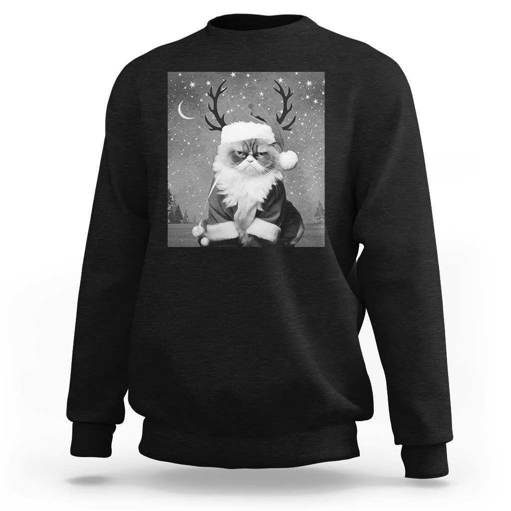 Black crewneck sweatshirt with long sleeves and a Santa-cat graphic on the front