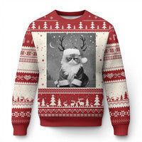 Red ugly Christmas sweater with grumpy cat in reindeer hat and holiday tree patterns