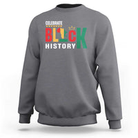 Charcoal heather crewneck sweatshirt with colorful “Celebrate Black History” graphic on chest