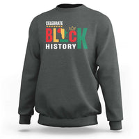 Charcoal crewneck sweatshirt with colorful “Celebrate Black History” graphic on chest