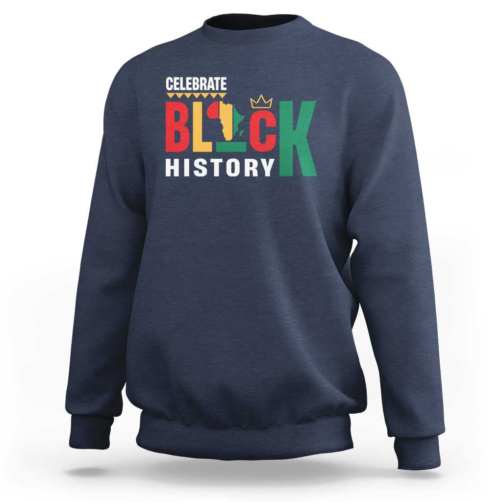 Navy crewneck sweatshirt with colorful “Celebrate Black History” graphic on chest