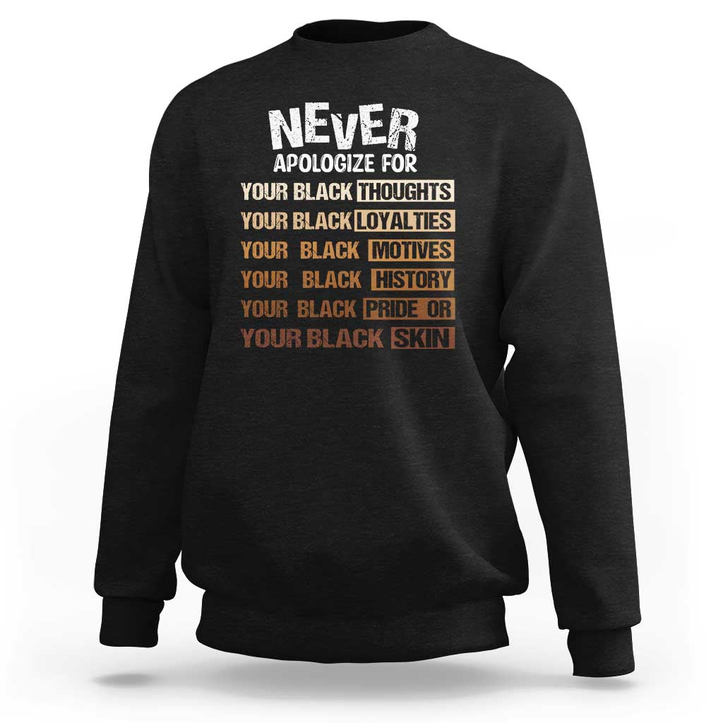 Never Apologize For Your Black Thoughts Loyalties Motives History Pride Or Skin Sweatshirt African American Black History Month