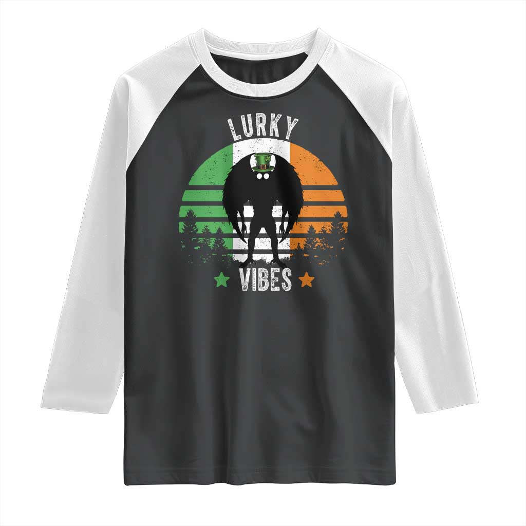 Funny St Patrick's Day Mothman Raglan Shirt Lurky Vibes Shamrock Retro Ireland Flag