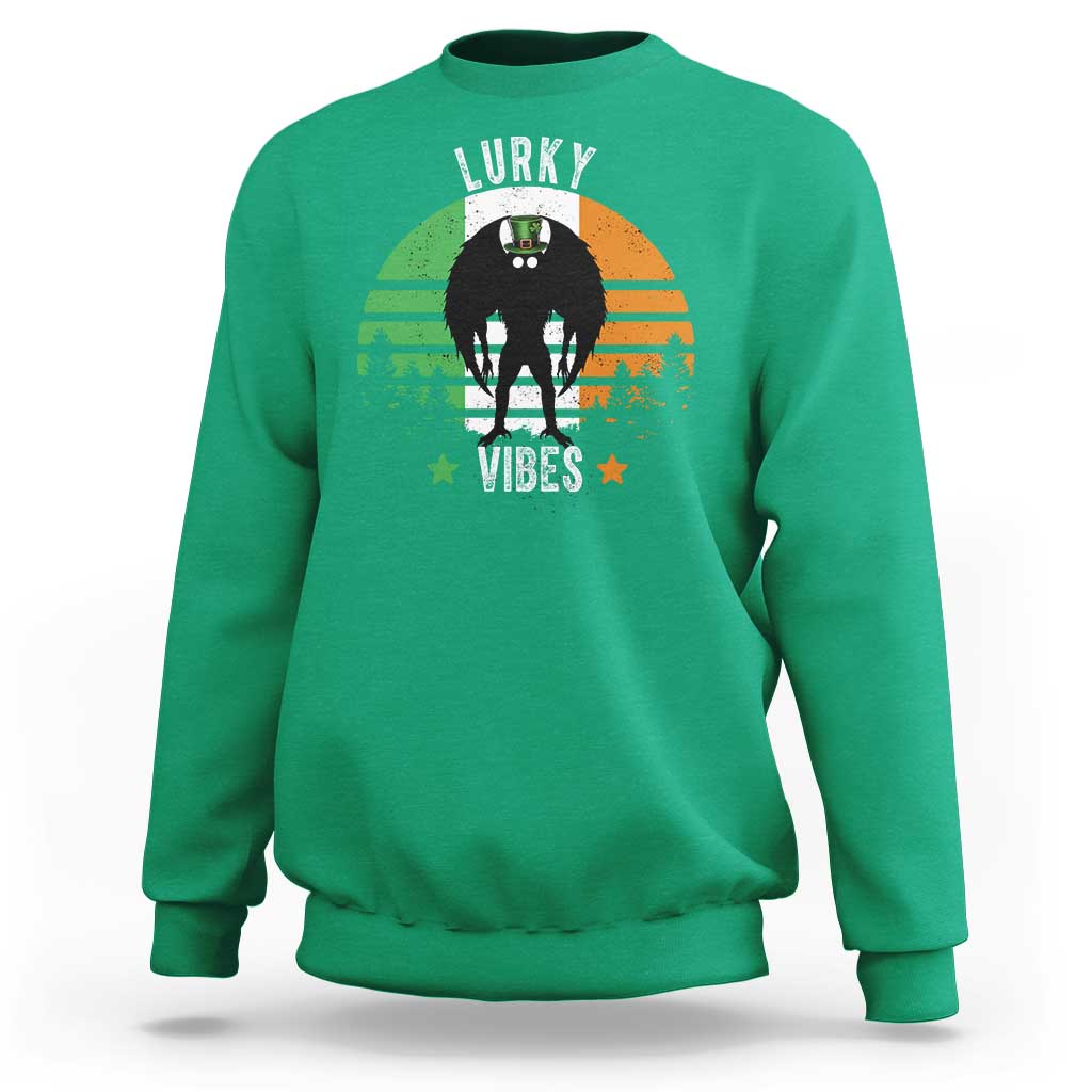 Funny St Patrick's Day Mothman Sweatshirt Lurky Vibes Shamrock Retro Ireland Flag