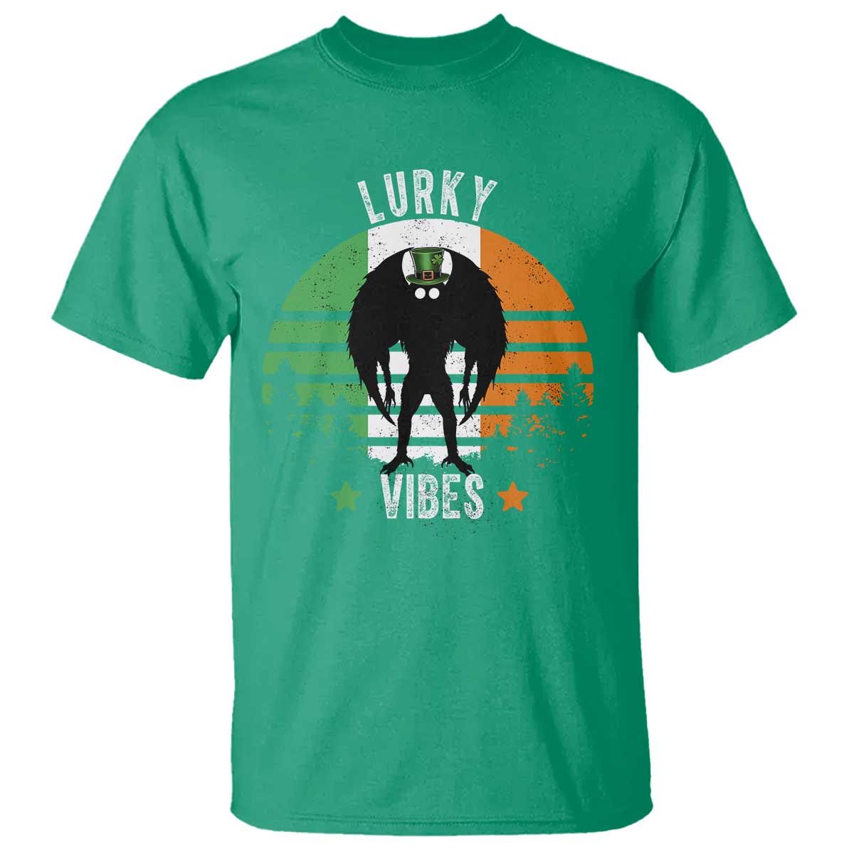 Funny St Patrick's Day Mothman T Shirt Lurky Vibes Shamrock Retro Ireland Flag