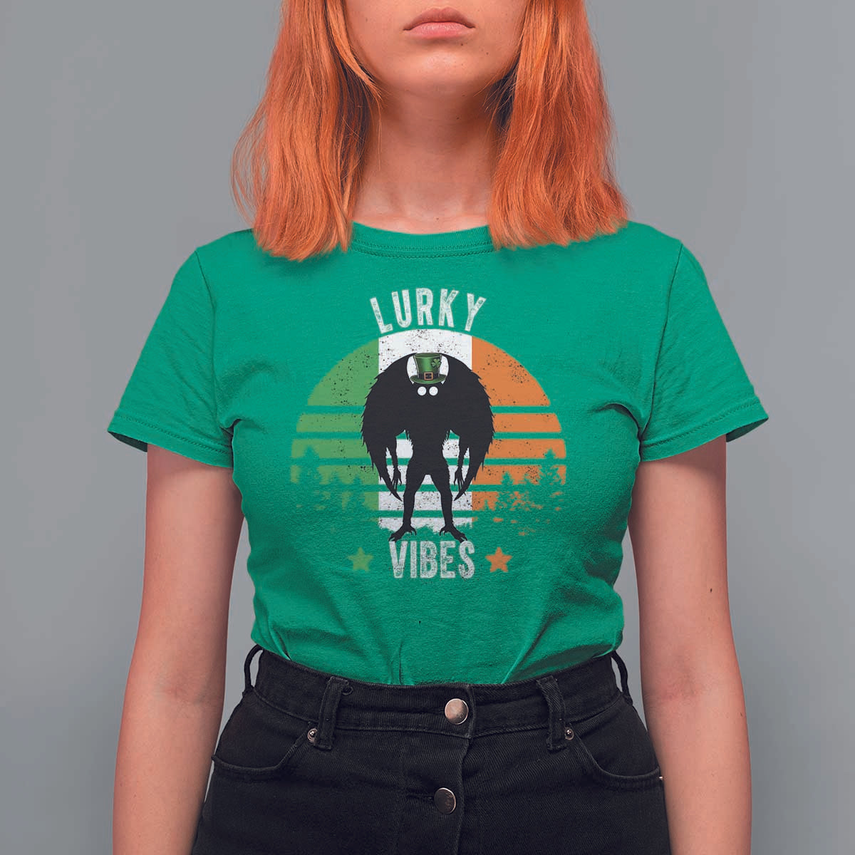 Funny St Patrick's Day Mothman T Shirt For Women Lurky Vibes Shamrock Retro Ireland Flag