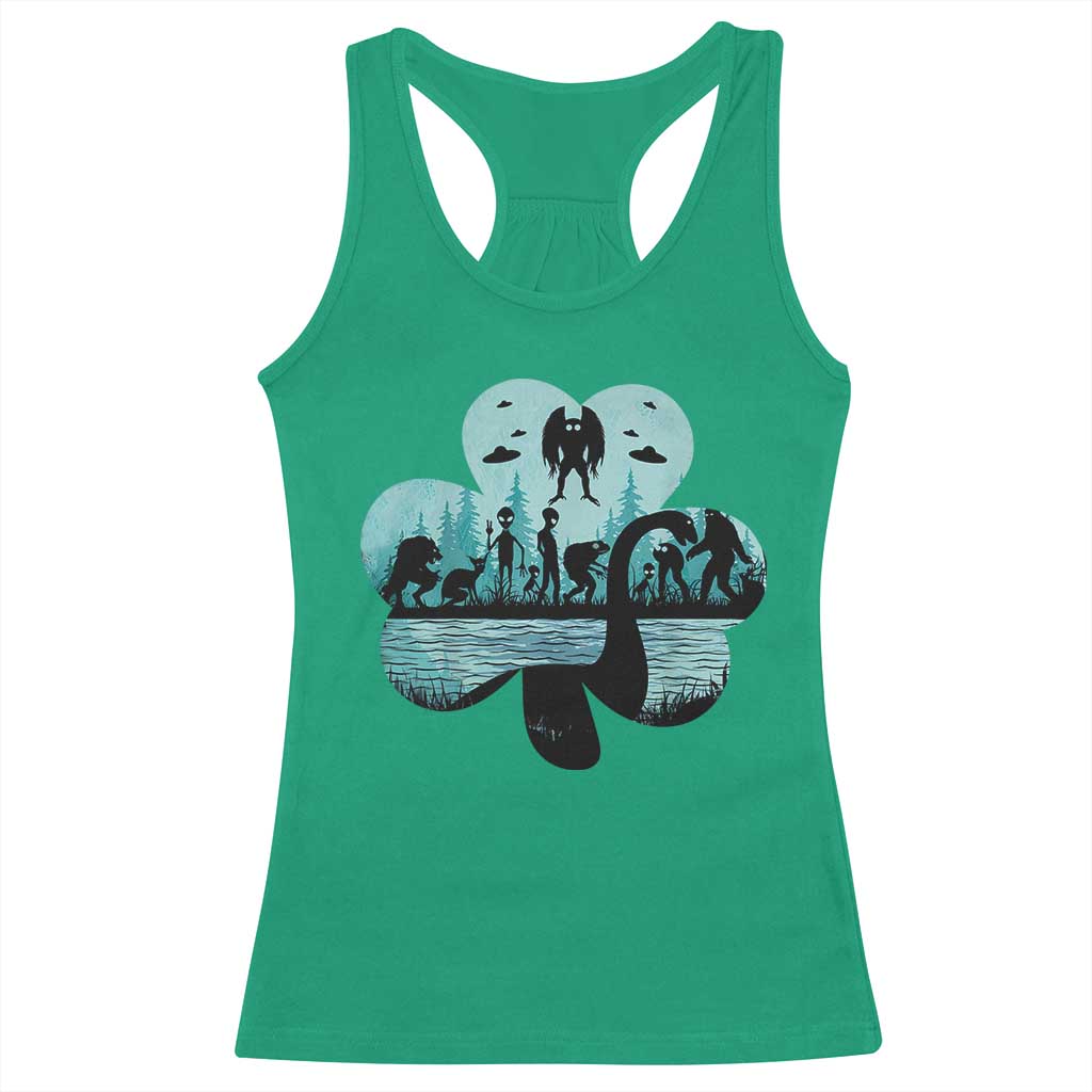 Funny Cryptid St Patrick's Day Racerback Tank Top Bigfoot Mothman Aliens Shamrock