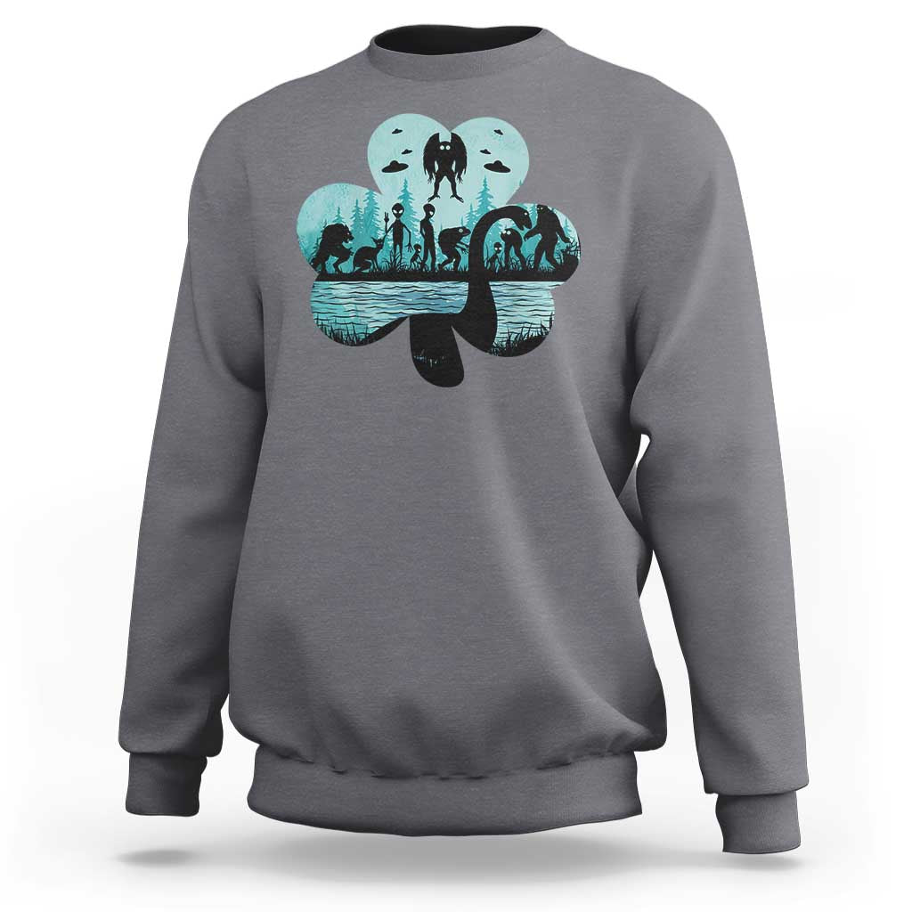 Funny Cryptid St Patrick's Day Sweatshirt Bigfoot Mothman Aliens Shamrock