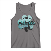Dark heather gray tank top with teal cryptid graphic on front