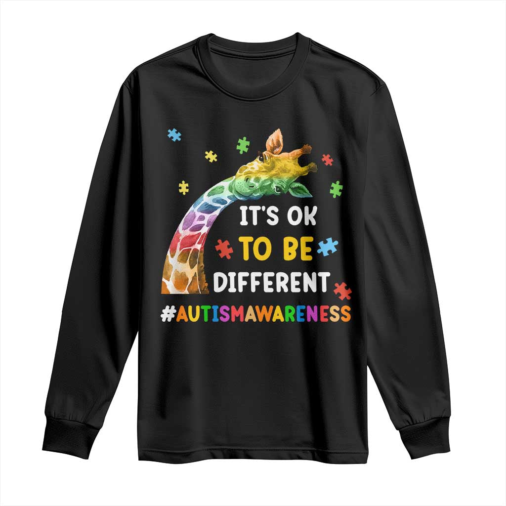 Black long sleeve autism awareness T-shirt with rainbow giraffe puzzle graphic