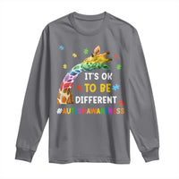 Maroon long sleeve autism awareness T-shirt with rainbow giraffe puzzle graphic